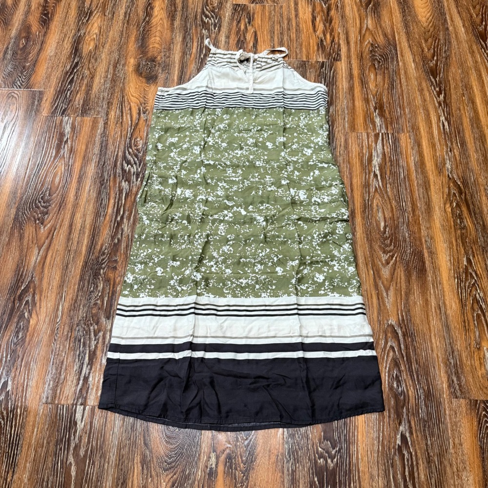 prAna Small Halter Midi Dress Womens Olive Green Parisol Floral Striped Pockets